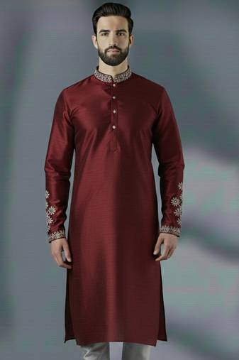 Maroon embroidery dupion silk kurta