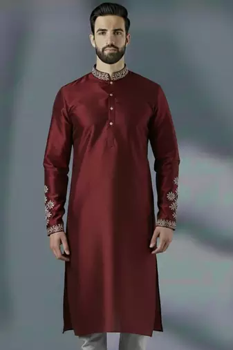Maroon embroidery dupion silk kurta