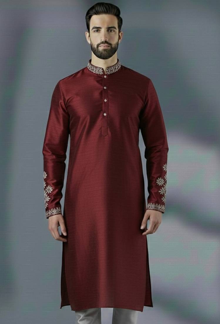 Maroon embroidery dupion silk kurta