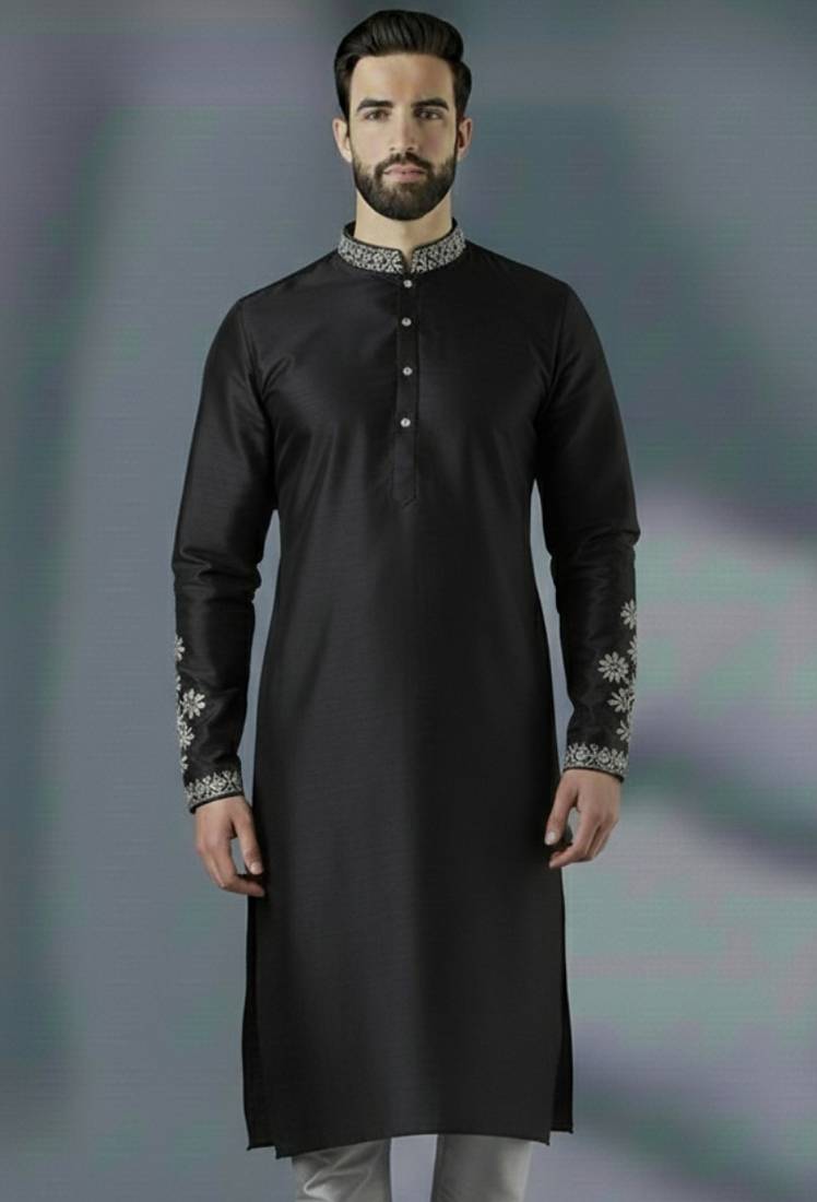 Black embroidery dupion silk kurta