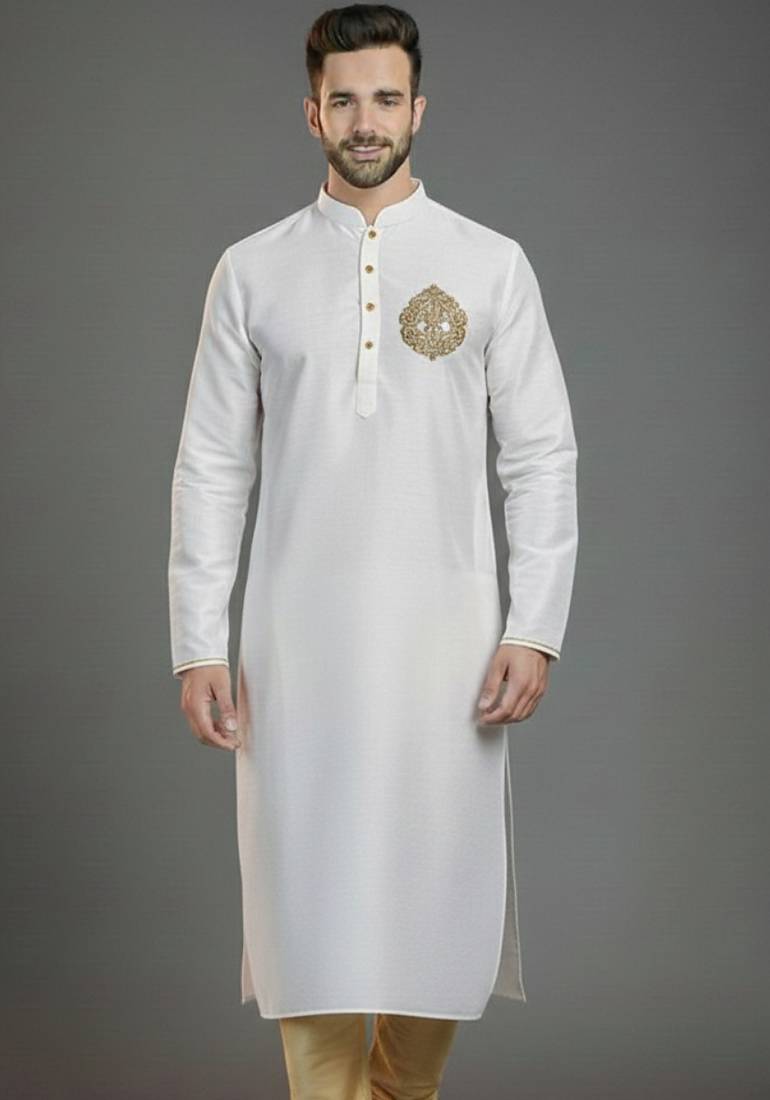 White embroidery dupion silk kurta