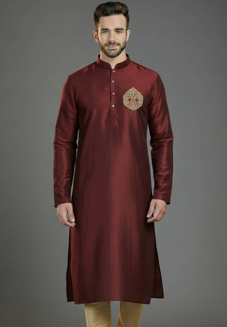 Maroom embroidery dupion silk kurta