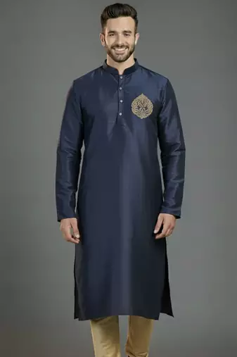 Navy embroidery dupion silk kurta