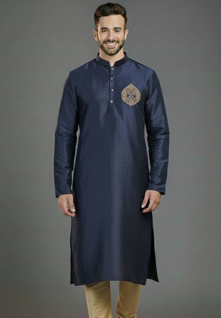 Navy embroidery dupion silk kurta