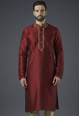 Maroon embroidery dupion silk kurta 1