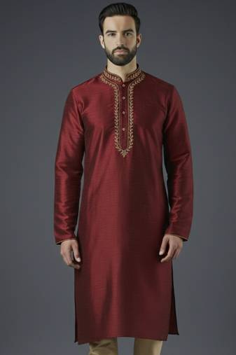 Maroon embroidery dupion silk kurta