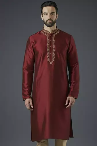 Maroon embroidery dupion silk kurta