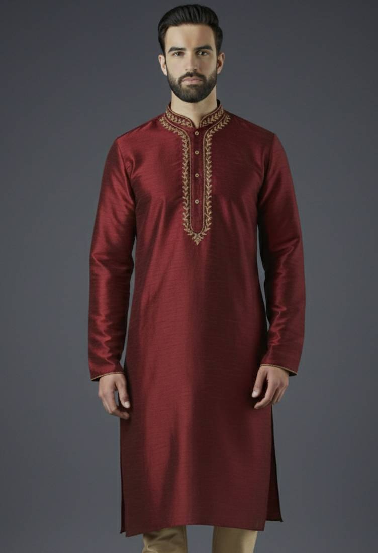 Maroon embroidery dupion silk kurta