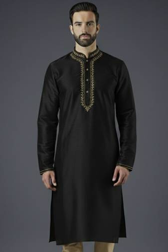 Black embroidery dupion silk kurta