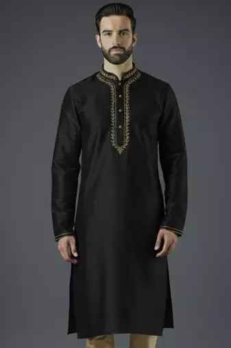 Black embroidery dupion silk kurta