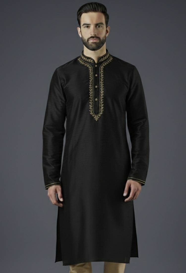 Black embroidery dupion silk kurta