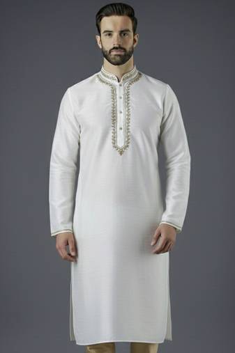 White embroidery dupion silk kurta
