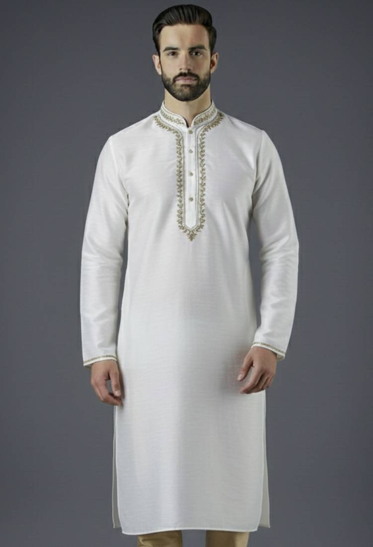 White embroidery dupion silk kurta
