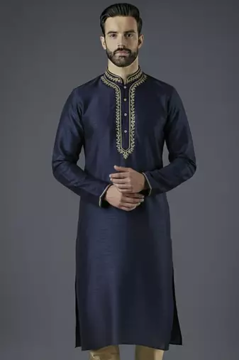 Navy embroidery dupion silk kurta