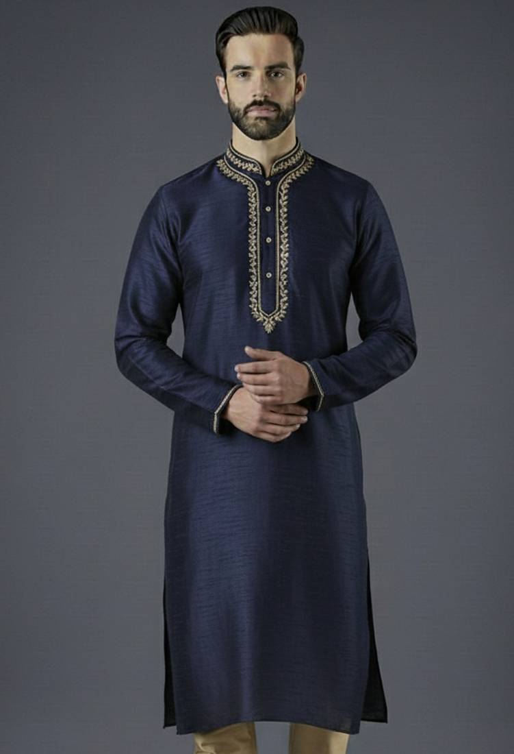 Navy embroidery dupion silk kurta