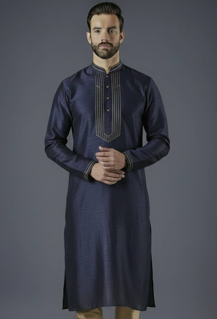 Navy embroidery dupion silk kurta