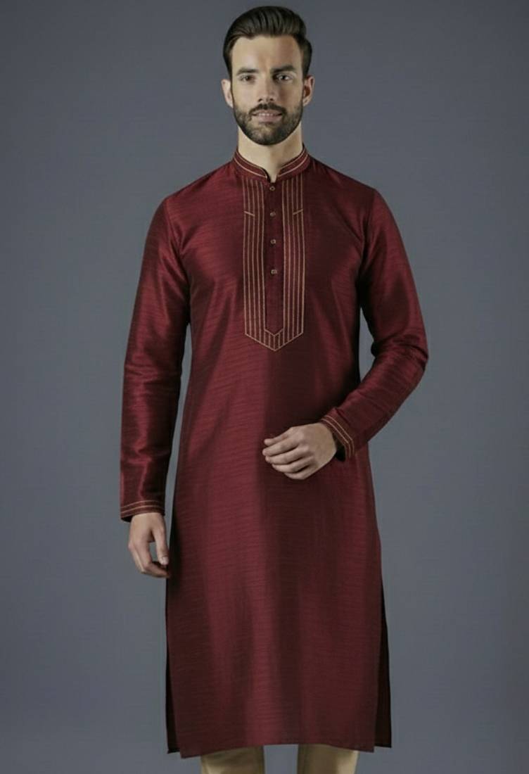 Maroon embroidery dupion silk kurta