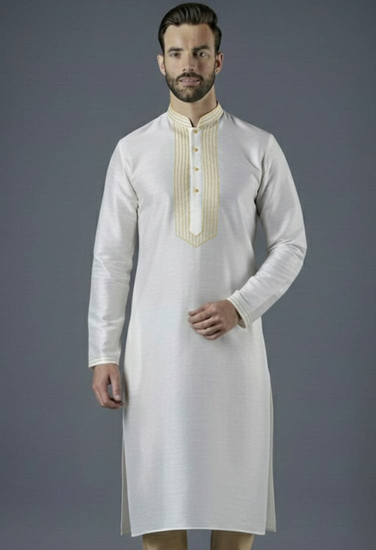 White embroidery dupion silk kurta