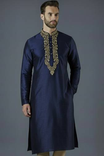 Navy embroidery dupion silk kurta
