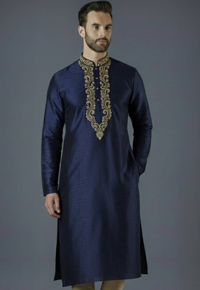 Navy embroidery dupion silk kurta