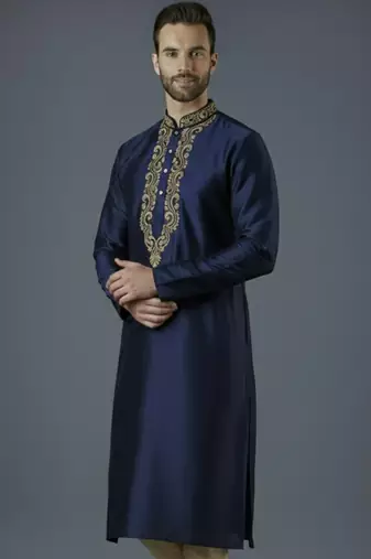 Navy embroidery dupion silk kurta
