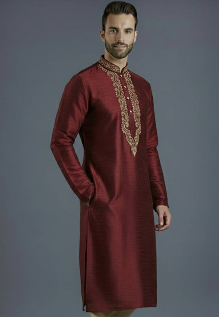 Maroon embroidery dupion silk kurta