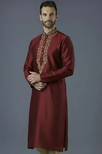 Maroon embroidery dupion silk kurta
