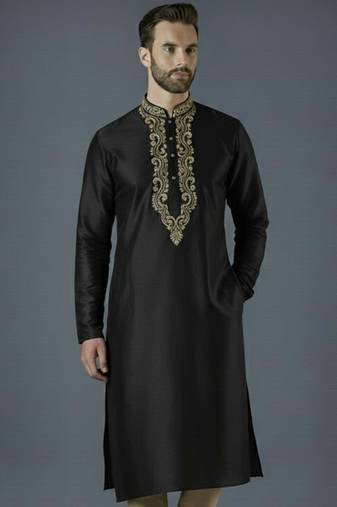 Black embroidery dupion silk kurta