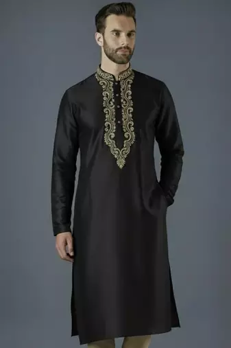 Black embroidery dupion silk kurta
