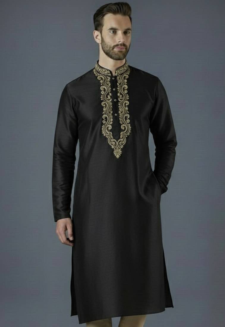 Black embroidery dupion silk kurta