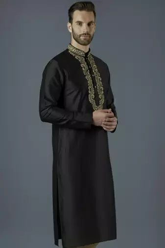 Black embroidery dupion silk kurta