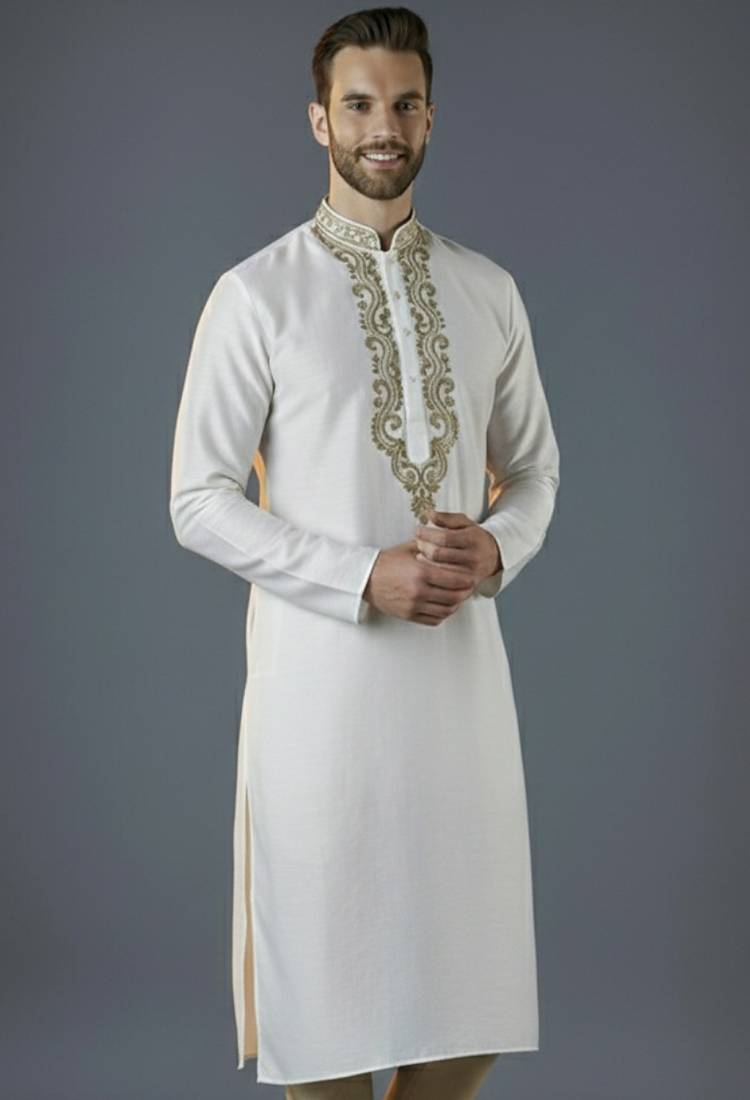 White embroidery dupion silk kurta
