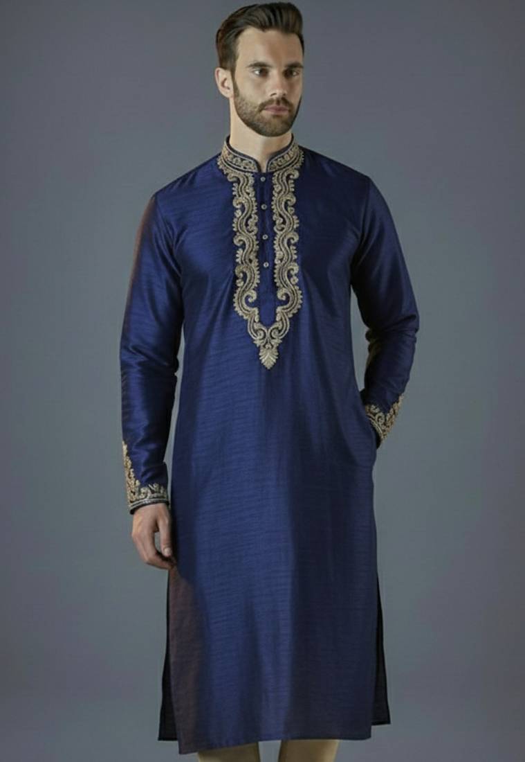 Royal blue  embroidery dupion silk kurta