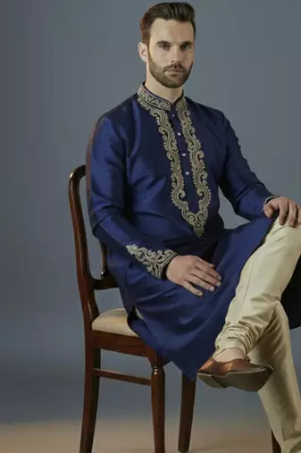 Royal blue  embroidery dupion silk kurta