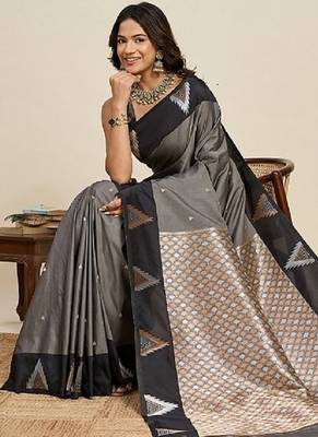 Grey zari work silk blend saree with blouse 2