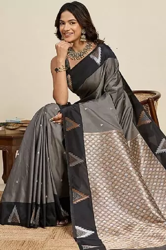 Grey zari work silk blend saree with blouse