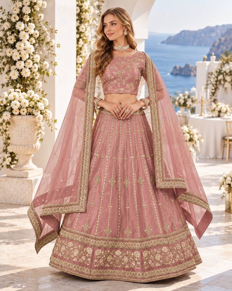 Pink Embriodered Heavy Art Silk Designer Lehenga With Blouse