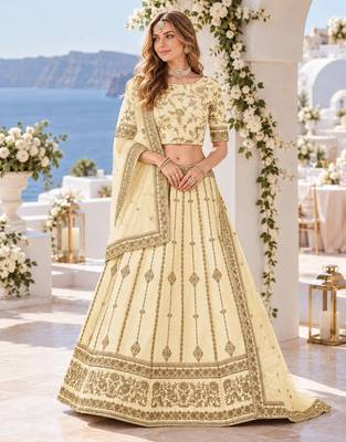 Cream Embriodered Heavy Art Silk Designer Lehenga With Blouse 1