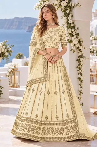 Cream Embriodered Heavy Art Silk Designer Lehenga With Blouse