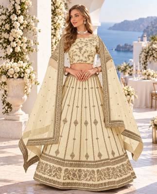 Cream Embriodered Heavy Art Silk Designer Lehenga With Blouse 3