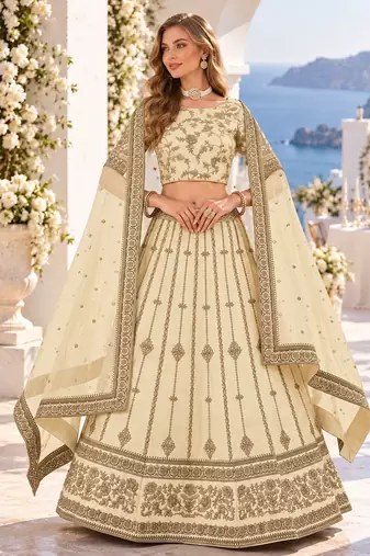 Cream Embriodered Heavy Art Silk Designer Lehenga With Blouse