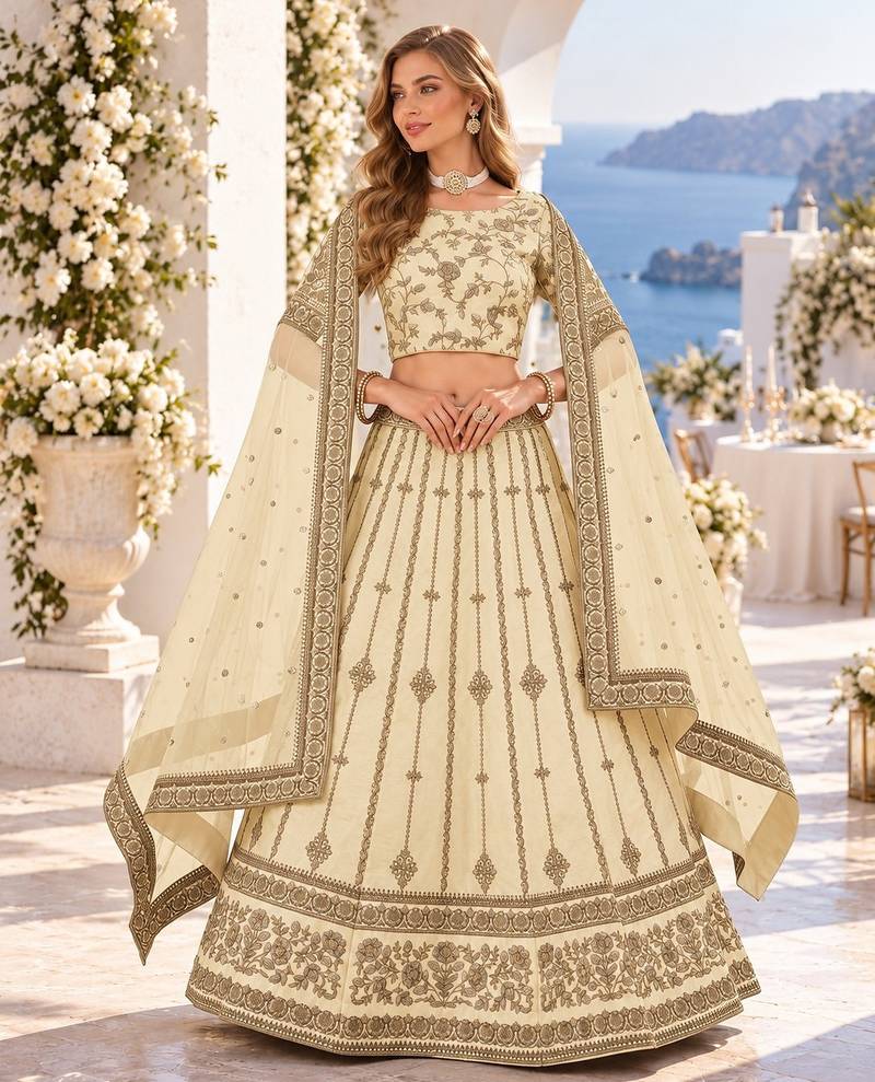 Cream Embriodered Heavy Art Silk Designer Lehenga With Blouse
