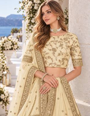 Cream Embriodered Heavy Art Silk Designer Lehenga With Blouse 4