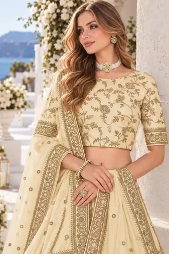 Cream Embriodered Heavy Art Silk Designer Lehenga With Blouse