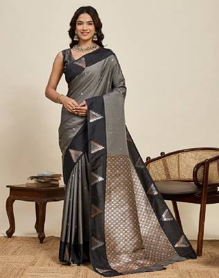 Grey zari work silk blend saree with blouse 1
