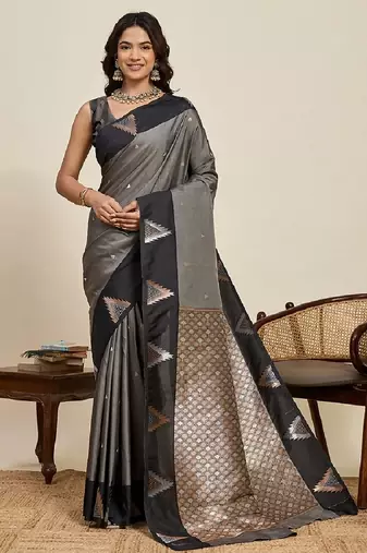 Grey zari work silk blend saree with blouse