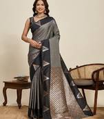 Grey zari work silk blend saree with blouse