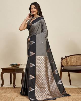 Grey zari work silk blend saree with blouse 3