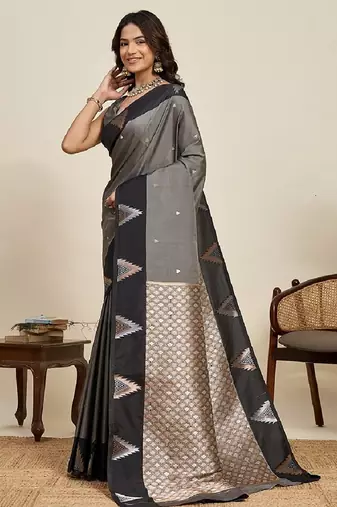 Grey zari work silk blend saree with blouse