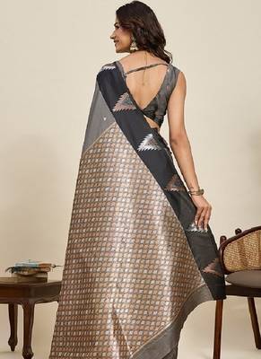 Grey zari work silk blend saree with blouse 4